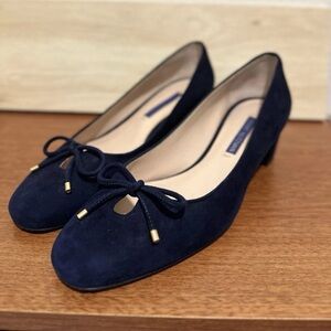 Stuart Weitzman Navy Blue Gabby 45 suede pump block heel with Bow Detail